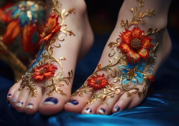 Een close-up shot van de voeten van een model met ingewikkelde handgeschilderde nail art. Het gebruik van macro