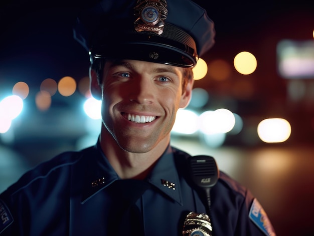 Een close-up shot van een glimlachende blanke mannelijke politieagent die zelfverzekerd staat met een politieauto die zwaailichten op de achtergrond geeft Generatieve AI