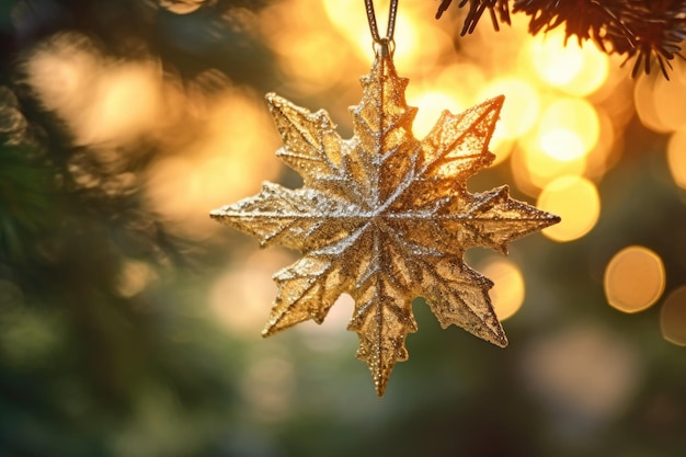 Een close-up shot van een gouden glinsterende sterornament die aan een kerstboomtak hangt Generatieve AI