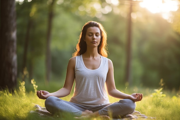 Een close-up shot van een jonge vrouw die yoga beoefent in een rustige buitenomgeving Generatieve AI