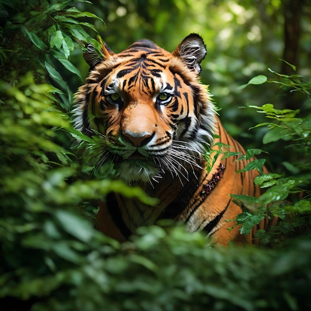 Een close-up shot van een krachtige tijger omgeven door een achtergrond van dichte