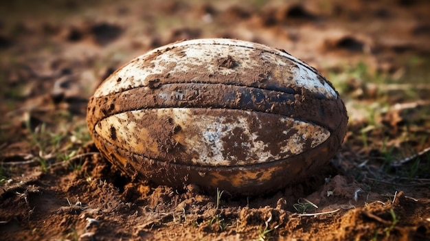 Een close-up shot van een rugbybal op een modderig veld