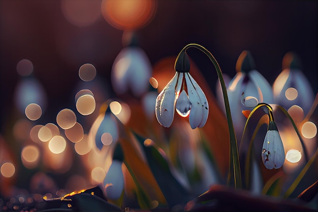 Een close-up shot van een sneeuwklokje met bokeh van andere winterbloemen op de achtergrond