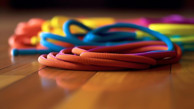 Een close-up shot van een springtouw op de vloer van een sportschool