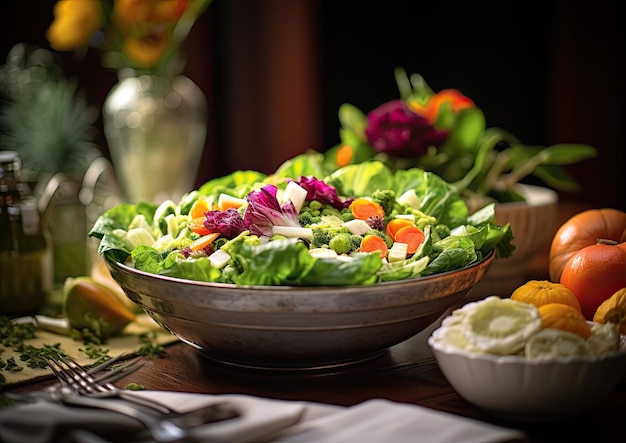 Een close-up shot van een Thanksgiving-tafellandschap met de nadruk op een prachtig gearrangeerde slakom gevuld met