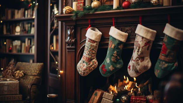 Een close-up shot van een traditionele kerstsok vol lekkernijen en kleine cadeautjes