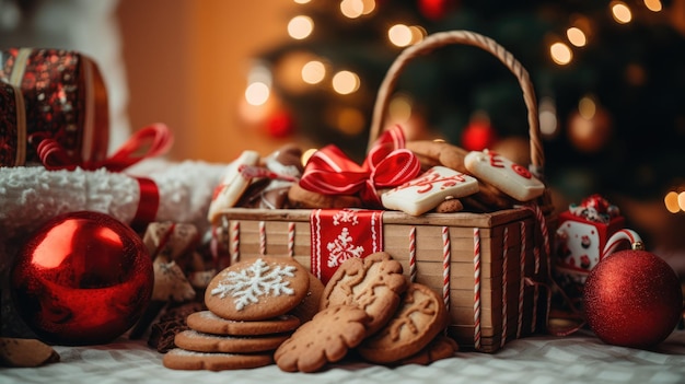 Een close-up shot van een traditionele kerstsok vol lekkernijen en kleine cadeautjes