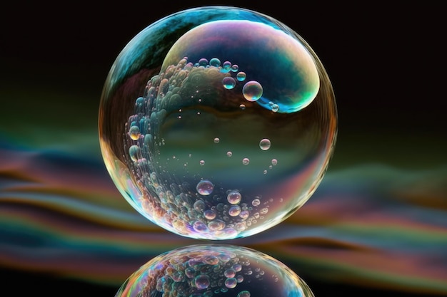 Een close-up shot van een zeepbel met verschillende kleuren erop