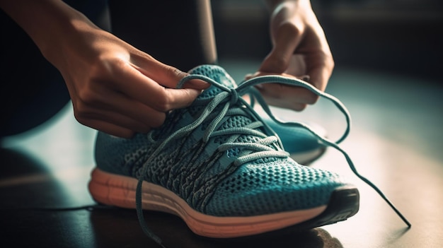 Een close-up shot van iemands hand die de veters van hun hardloopschoenen vastmaakt voor een training