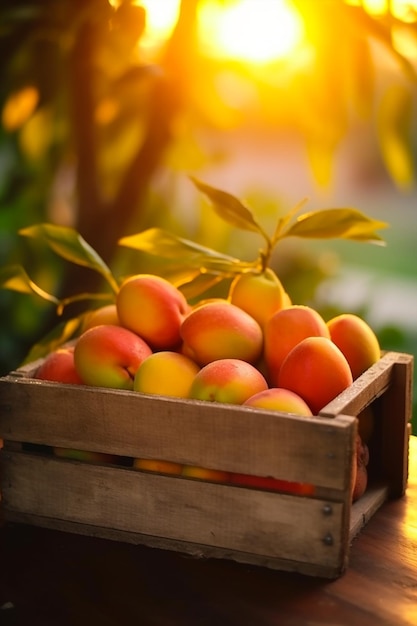Een close-up shot van mango's in houten kist
