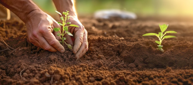 Een close-up shot van zachte handen die zorgvuldig een kleine groene zaailing planten in rijke bruine grond die het begin van nieuwe groei in een tuin symboliseert