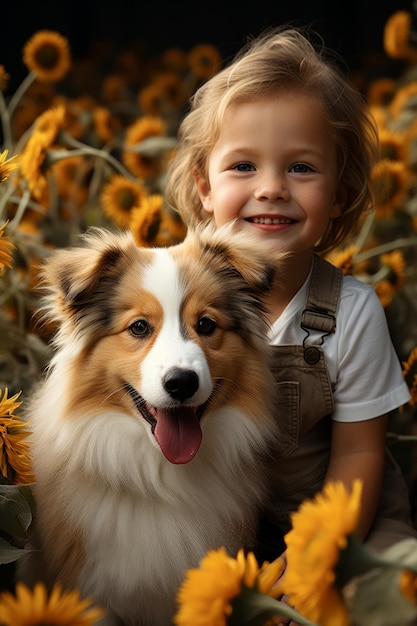 Een close-up stockfoto van een gelukkige peuter en puppy in een zonnebloemveld op het platteland