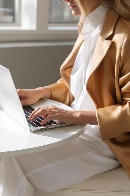 Een close-up stockfoto van een vrouw die aan het bureau zit