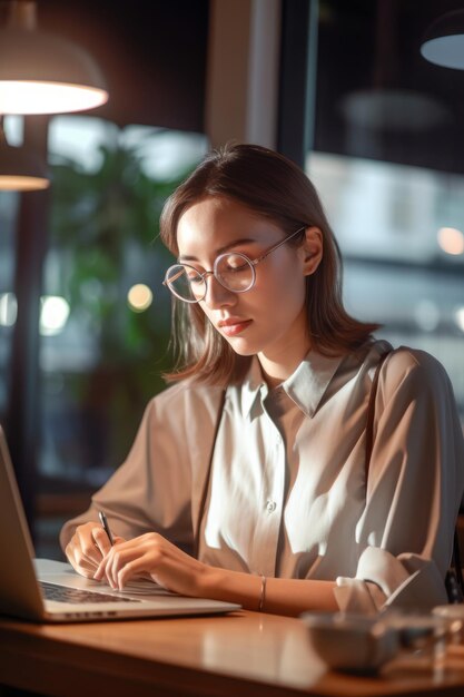 Een close-up stockfoto van een vrouw die aan tafel werkt in een café