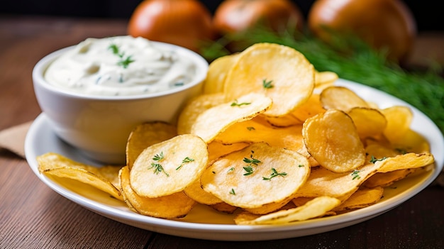 Een close-up van aardappelchips naast een kom dip die de perfecte combinatie van snacks vertegenwoordigt