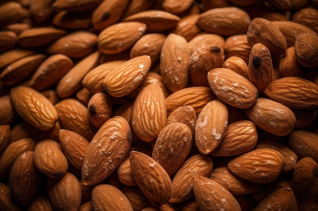 Een close-up van amandelen waarbij een ervan de zwarte vlekken op de amandelen laat zien Generatieve AI