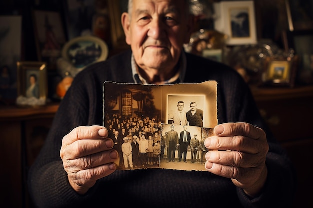 Een close-up van bejaarde handen die een familiefoto vasthouden die een leven lang herinneringen en ervaringen vertegenwoordigt