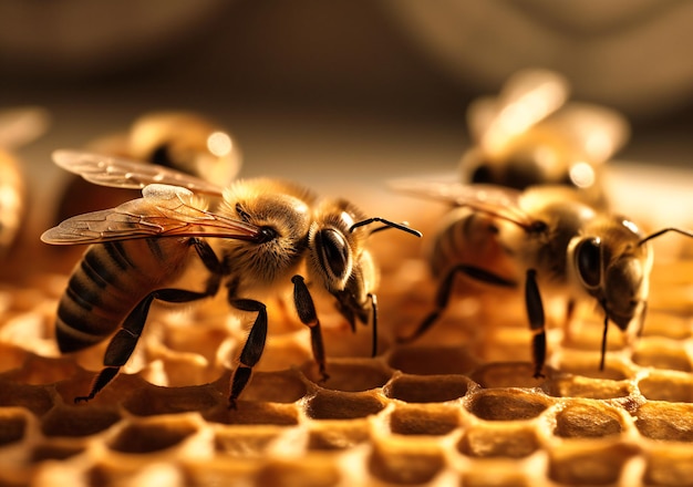 Een close-up van bijen die op een honingraat kruipen