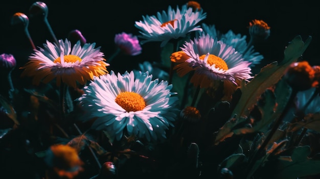 Een close-up van bloemen met een paars hart dat 'flower power' zegt