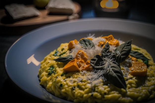 Een close-up van bovenaf van een heerlijke en romige Risotto alla Milanese. Italiaanse keuken