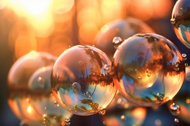 Een close up van bubbels waar de zon op schijnt