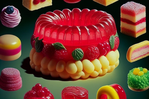 Een close-up van cake met veel verschillende soorten desserts generatieve ai