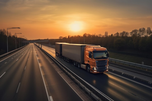 Een close-up van de grille aan de voorkant van een semi-vrachtwagen die bij zonsondergang over de snelweg rijdt, wat de kracht en kracht ervan benadrukt. Een betrouwbaar werkpaard AI Generatief