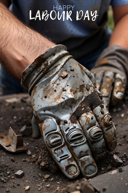 Een close-up van de handen van een arbeider, besmeurd met vuil en vet, terwijl ze een pauze nemen van hun werk