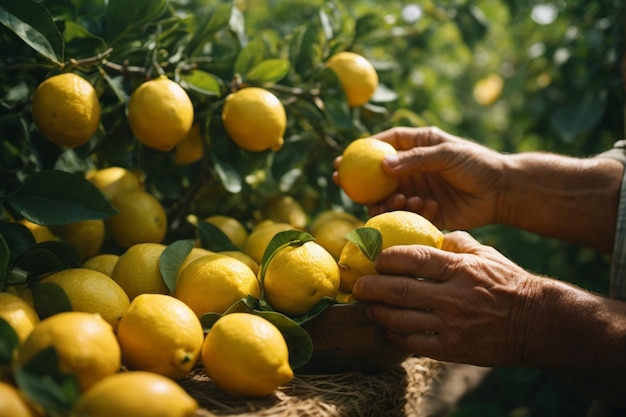 Een close-up van de handen van een boer die zorgvuldig de perfecte citroenen selecteren
