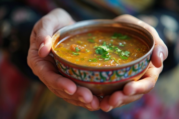 Een close-up van de handen van een persoon die een kom soep vasthoudt tijdens