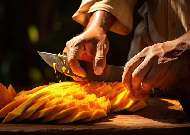 Een close-up van de handen van een verkoper die een rijpe mango met zijn levendige oranje vlees vakkundig snijdt