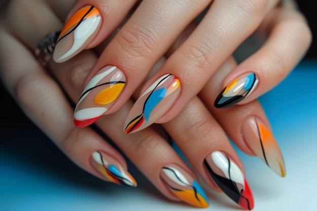 Een close-up van de handen van een vrouw met een creatieve abstracte manicure