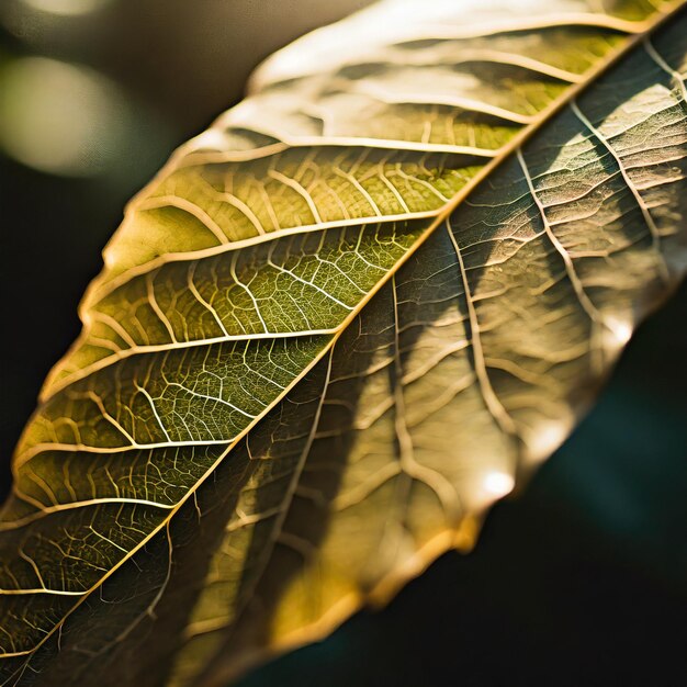 Een close-up van de ingewikkelde aderen van een blad met het zonlicht dat er doorheen schijnt