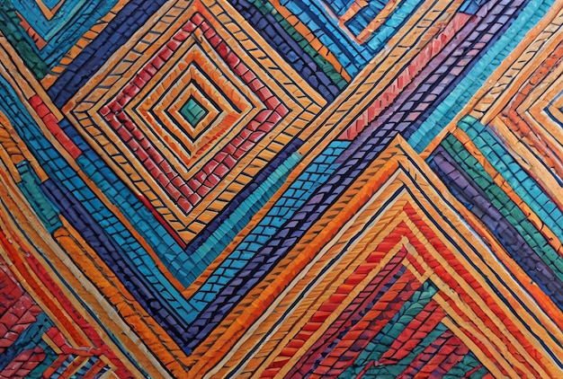 Een close-up van de kleurrijke geometrische patronen op een muur.