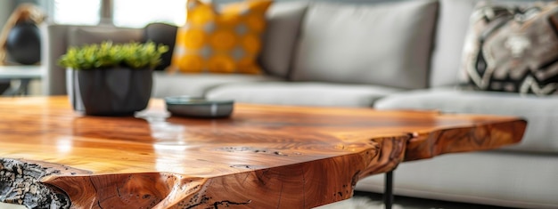 Een close-up van de liveedge houten koffietafel