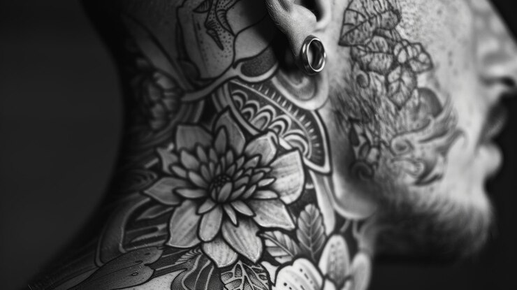 Een close-up van de nek van een persoon die de ingewikkelde details van een nek tatoeage zwart-wit kunst benadrukt