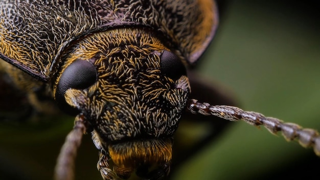 Een close-up van de ogen van een gestreepte kever