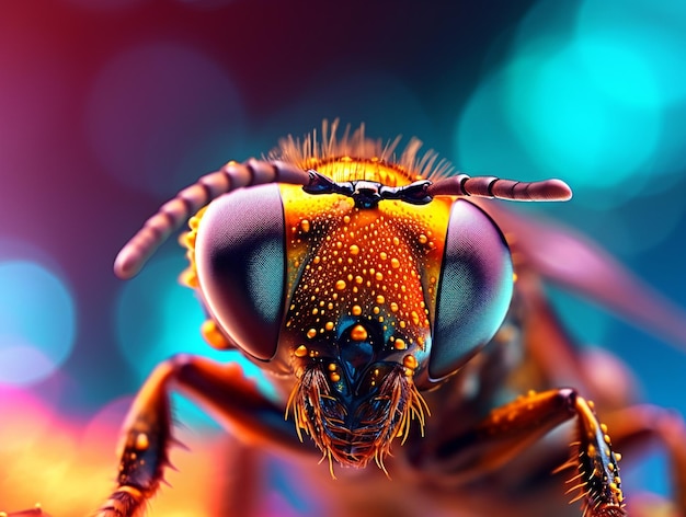 Een close-up van de ogen van een insect met een kleurrijke achtergrond.