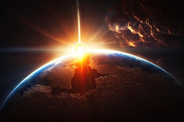 Een close-up van de opkomende zon boven een wereldbol met lichtstralen die er doorheen schijnen