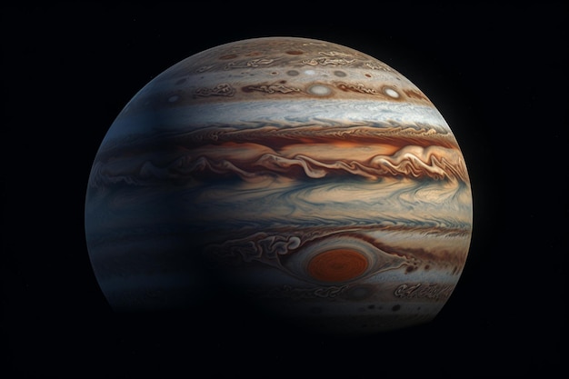 Een close-up van de planeet Jupiter met een donkere achtergrond