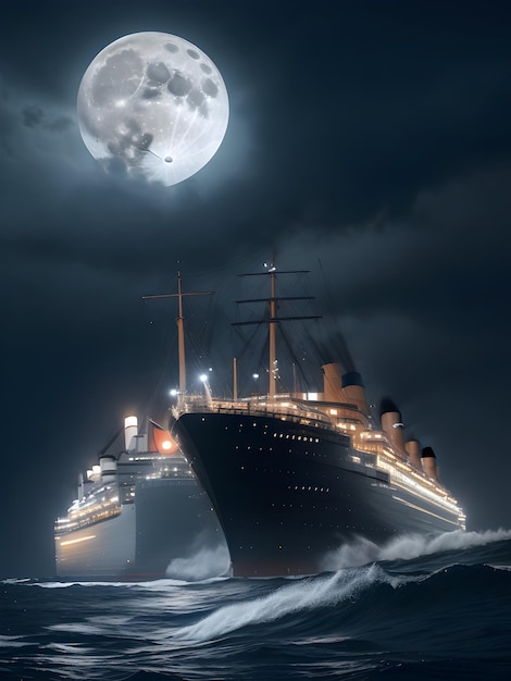 Foto een close-up van de queen mary verlicht door een volle maan gegenereerde ai