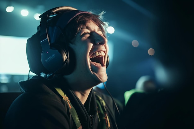 Foto een close-up van de vastberaden uitdrukking van een professionele gamer die verandert in een stralende glimlach tijdens het celebreren