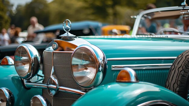 Foto een close-up van de voorkant van een klassieke blauwe auto