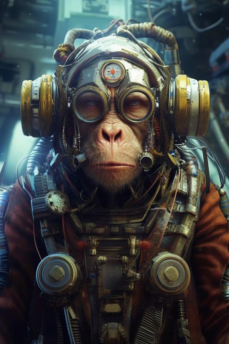 een close-up van een aap met een helm en een bril generatieve ai