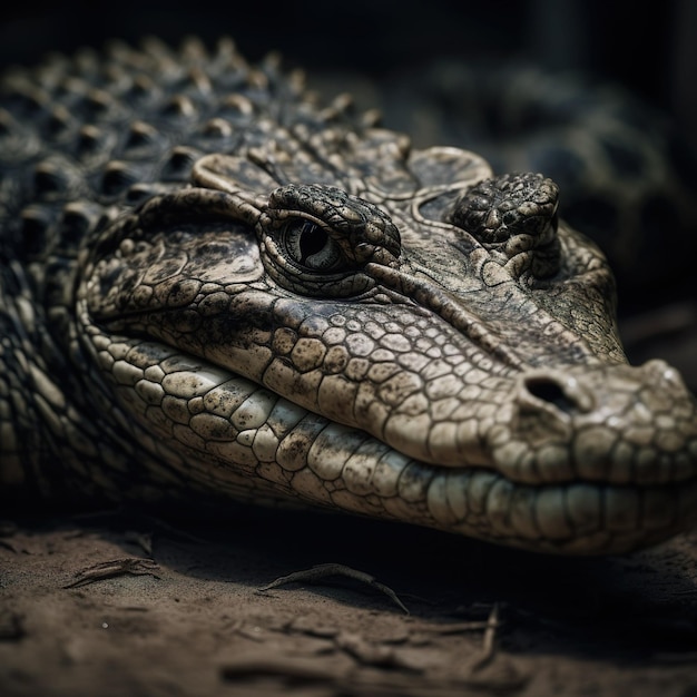 Een close-up van een alligatorkop met het woord alligator erop