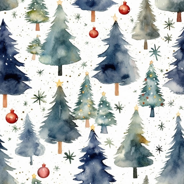 Een close-up van een aquarel kerstboom patroon met ornamenten generatieve ai