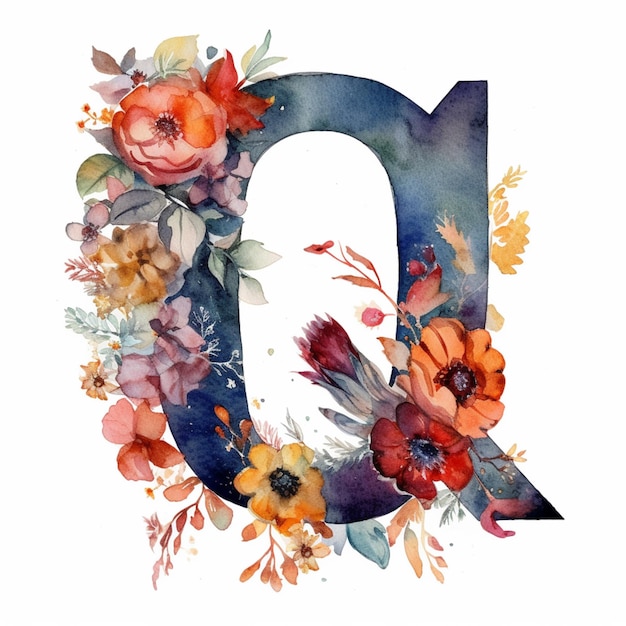 een close-up van een aquarel schilderij van een letter d met bloemen generatieve ai