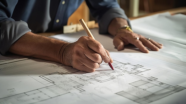 Een close-up van een architect die een potlood vasthoudt en naar een huisplan wijst om de blauwdruk te onderzoeken