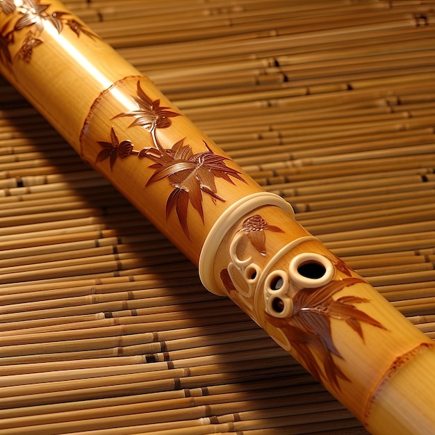 Foto een close-up van een bamboe fluit met bladeren erop