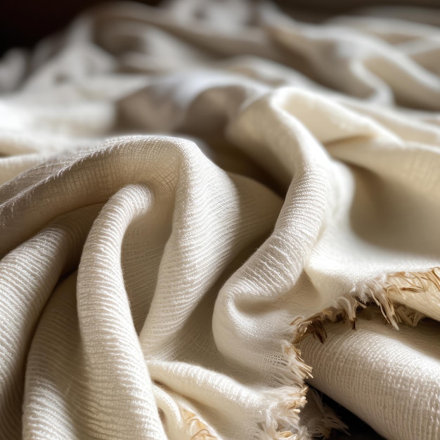 Een close-up van een beige linnen sprei met een gouden franje.